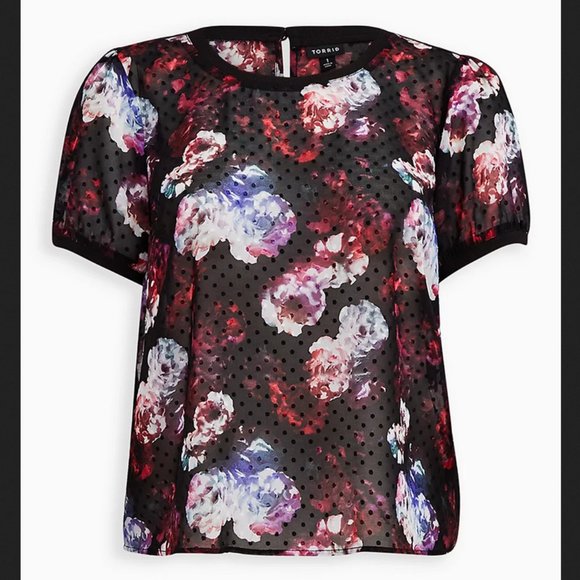 Torrid 3 Black Floral Crinkle Clip Dot T-Shirt - Picture 1 of 3